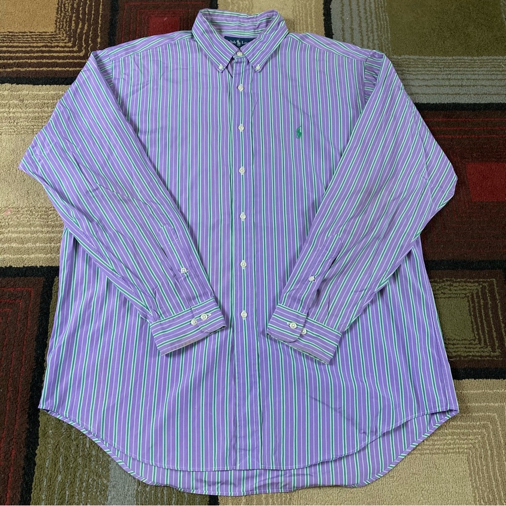 Ralph Lauren Classic Fit Button Up Striped Purple/Green Shirt Size 16.5 Large - Picture 1 of 10